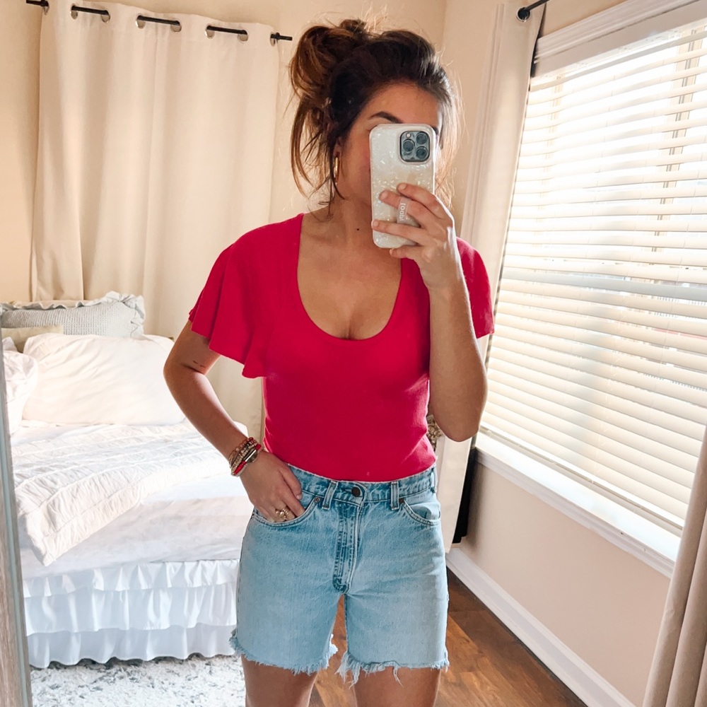 (free people) fuchsia pink ribbed short sleeve low neck bodysuit